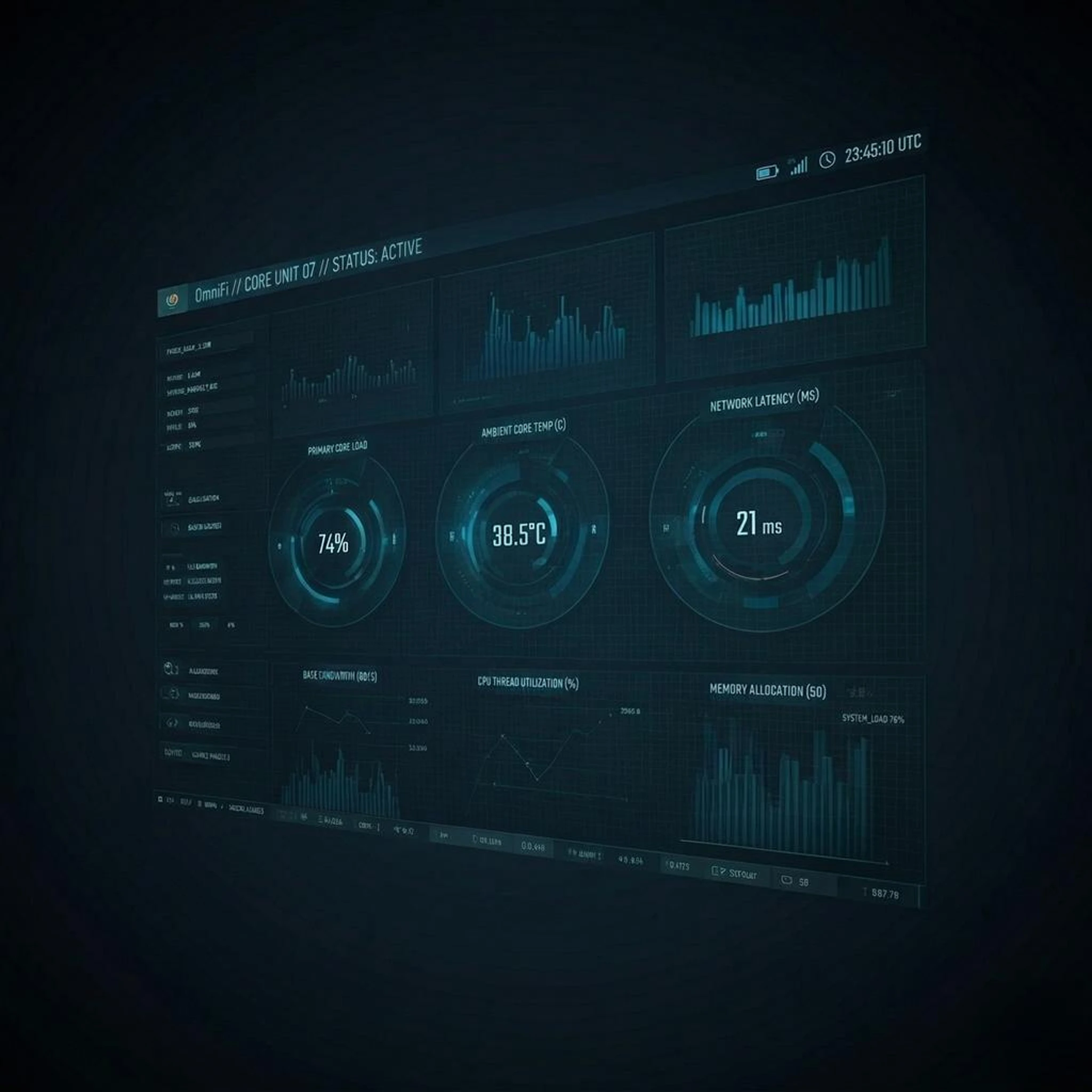 Dark OmniFi dashboard concept with neon charts and asset flow panels.